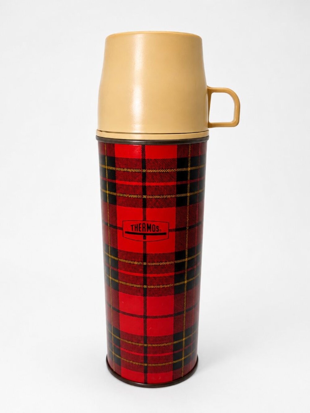 Vintage Thermos King Seeley Plaid Red Vacuum Bottle with Tan Cup 164